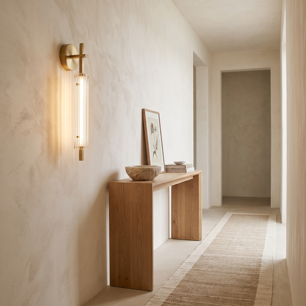 A single Calderra wall sconce beside a narrow oak hallway console