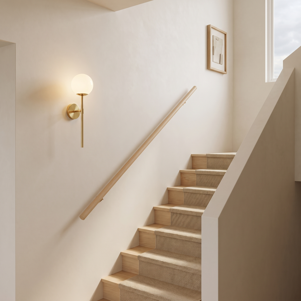 Orbelle globe sconce on a staircase wall beside pale oak treads