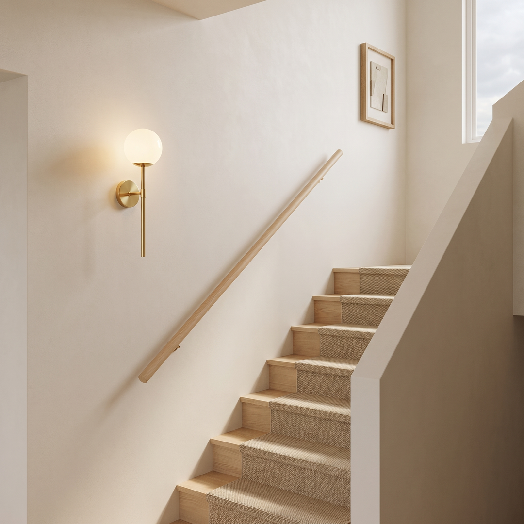 Orbelle globe sconce on a staircase wall beside pale oak treads