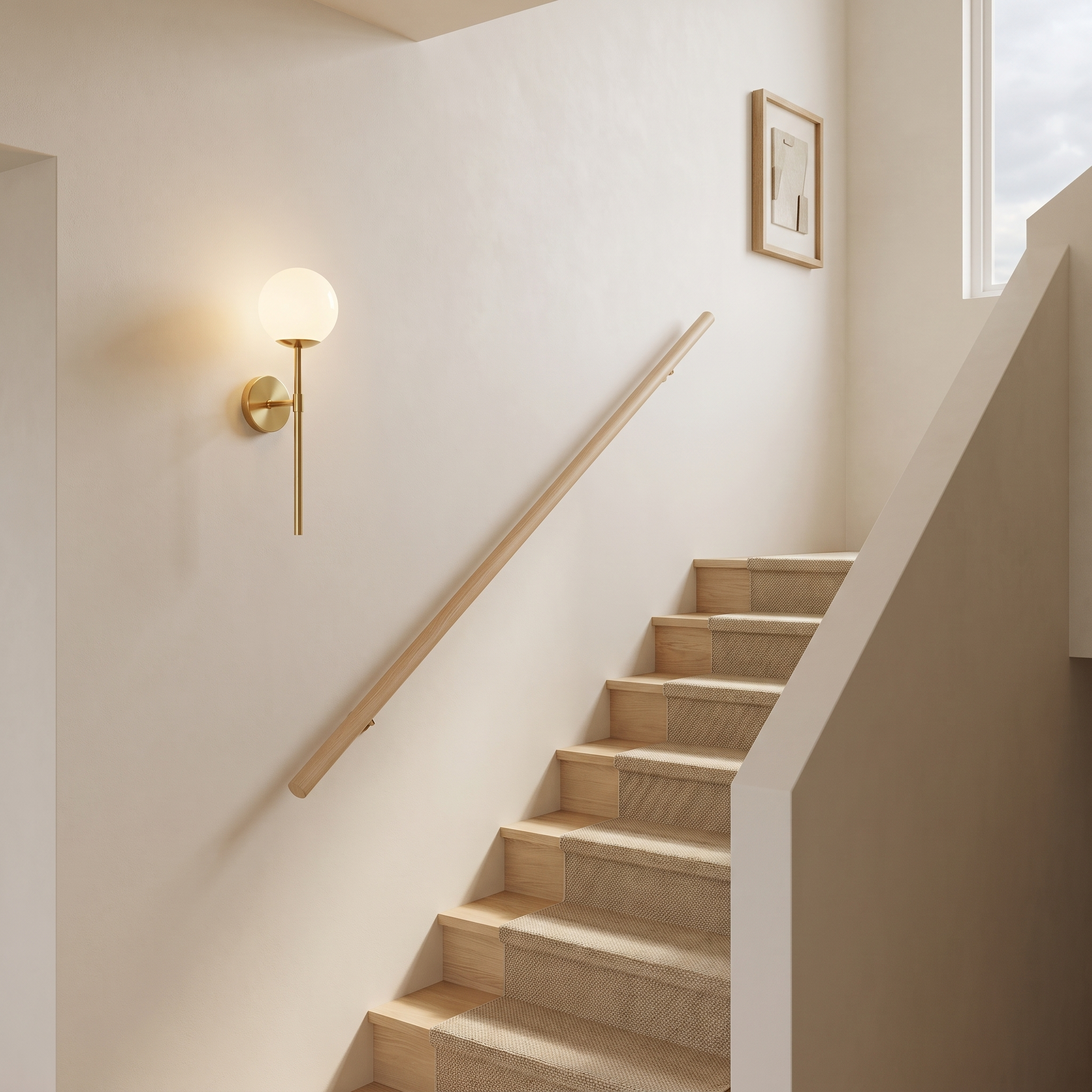 Orbelle globe sconce on a staircase wall beside pale oak treads
