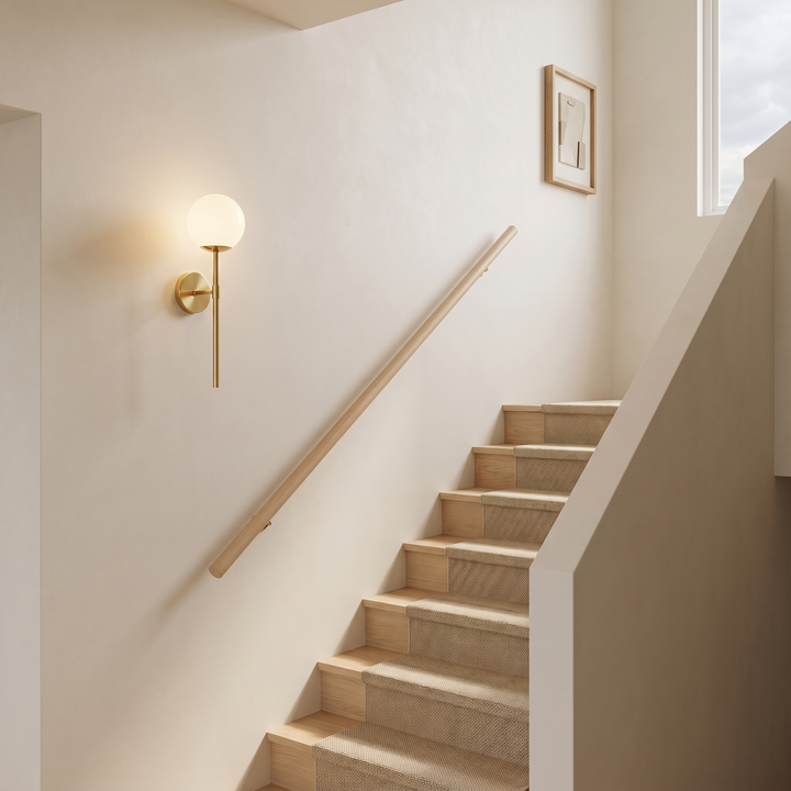 Orbelle globe sconce on a staircase wall beside pale oak treads