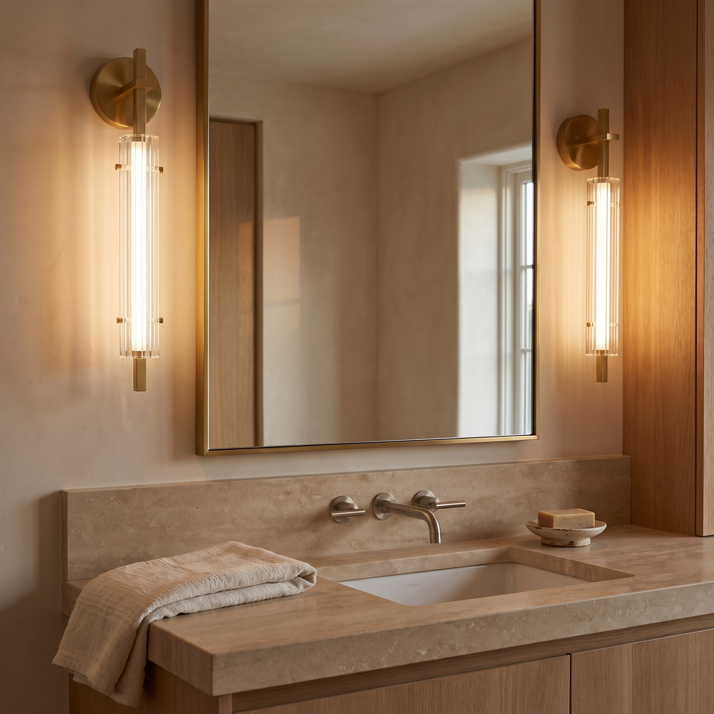 Two Calderra wall sconces flanking a mirror above a stone vanity