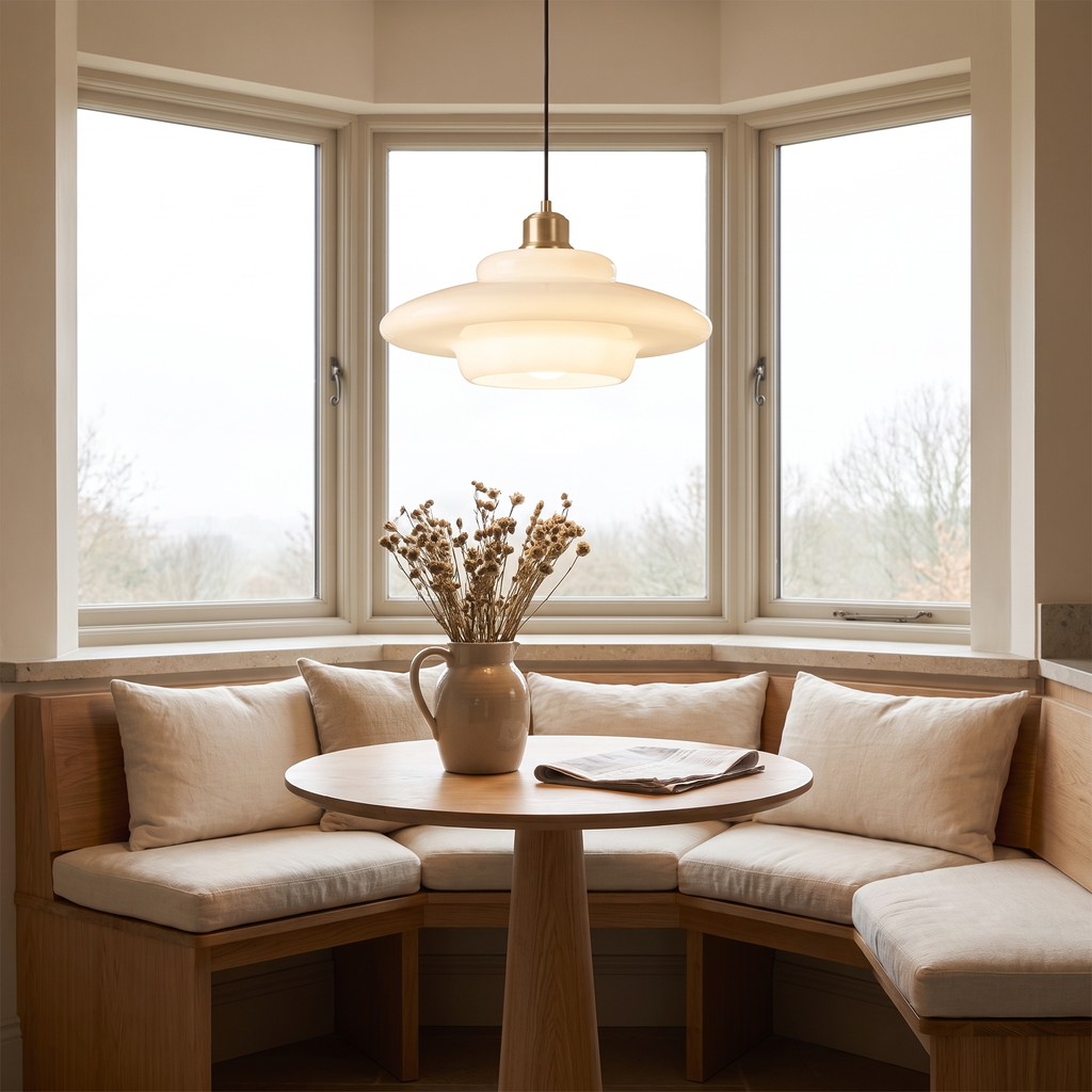 Milane pendant light above a breakfast nook set into a bay window