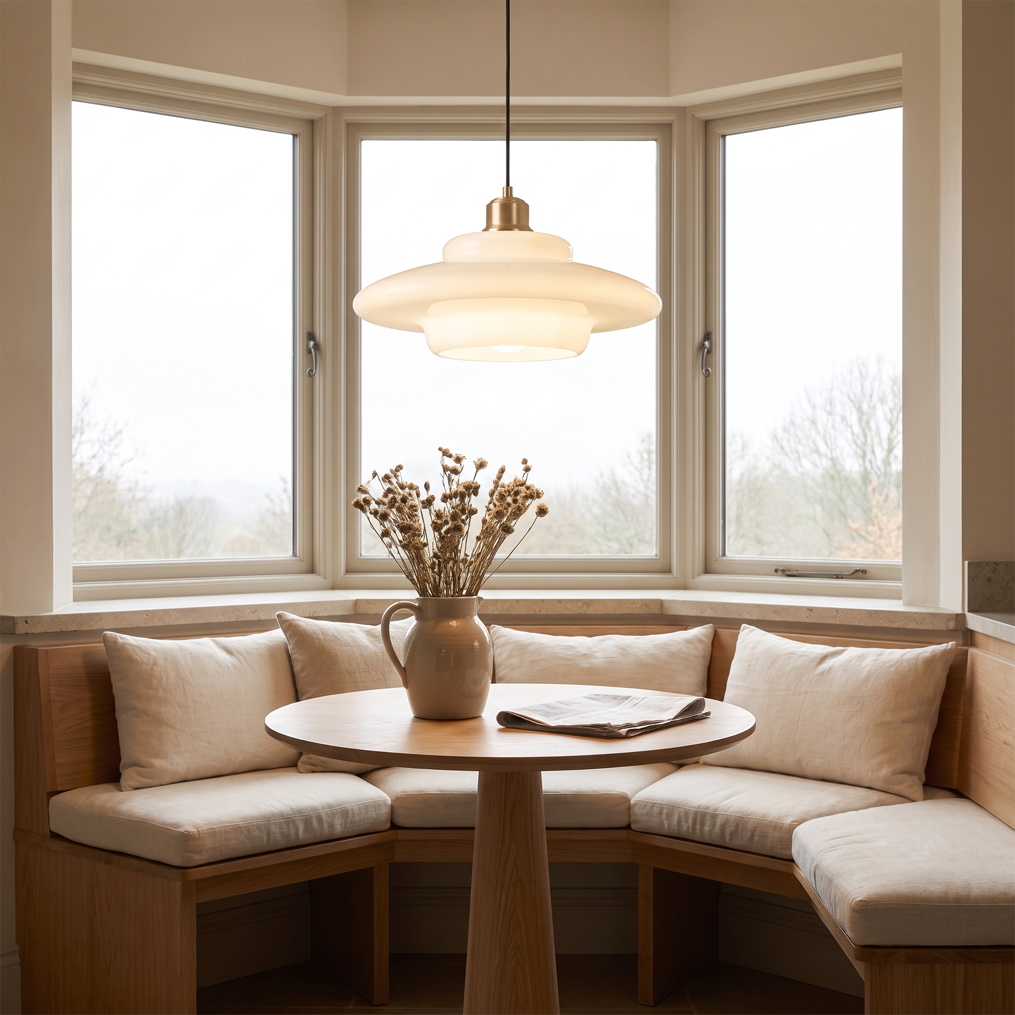Milane pendant light above a breakfast nook set into a bay window