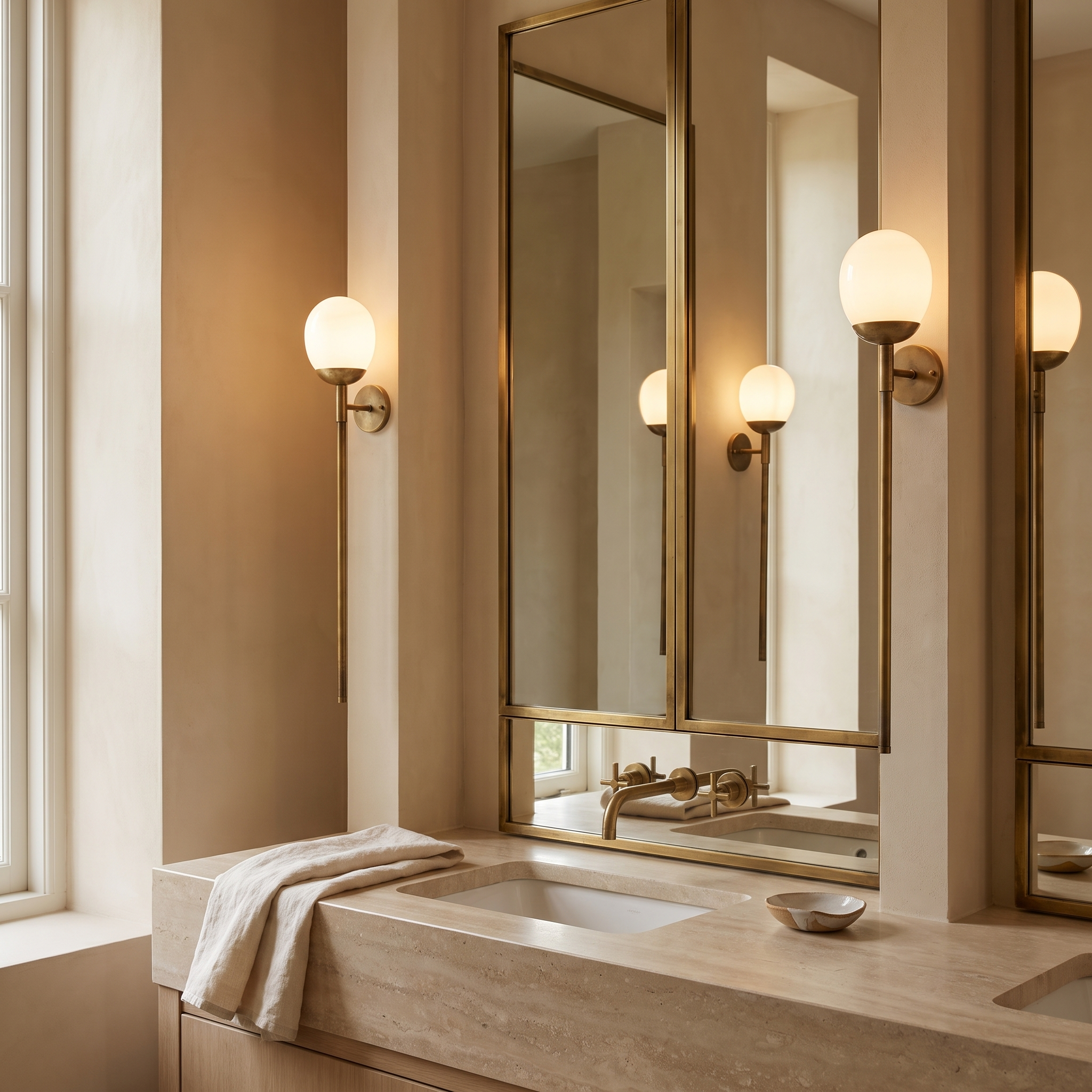 Two Orbelle globe sconces flanking a mirror above a stone vanity