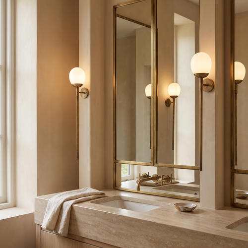 Two Orbelle globe sconces flanking a mirror above a stone vanity