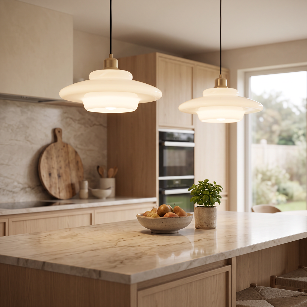 A pair of Milane pendant lights above a marble kitchen island