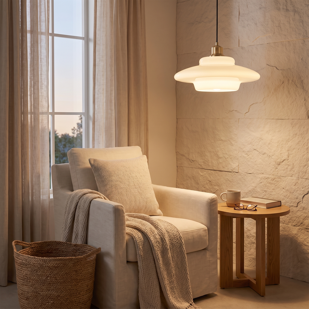 Milane pendant light hanging over a linen armchair reading corner
