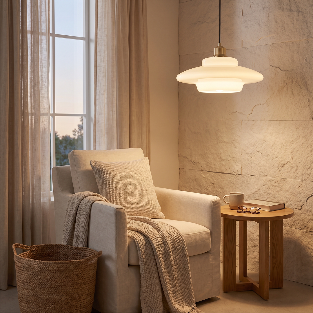 Milane pendant light hanging over a linen armchair reading corner