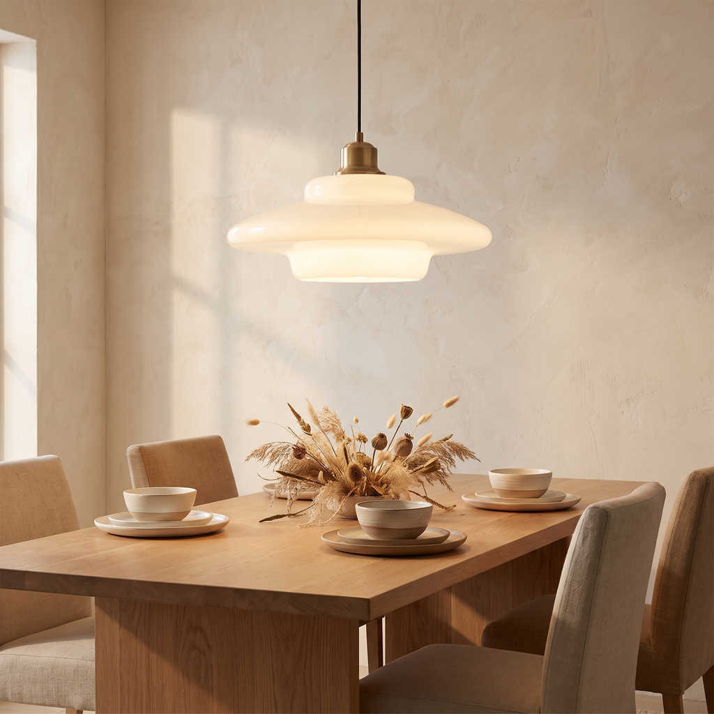 Milane pendant light above an oak dining table at dusk