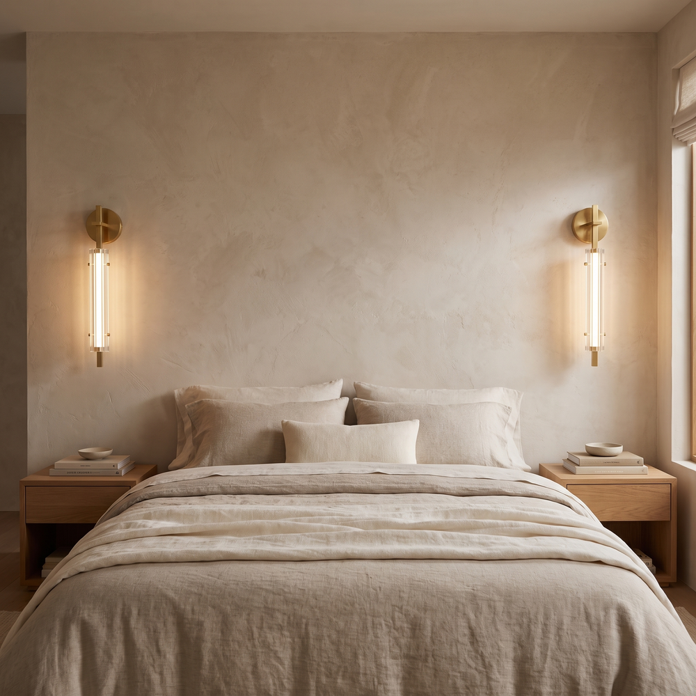 A matched pair of Calderra wall sconces either side of a bed at dusk