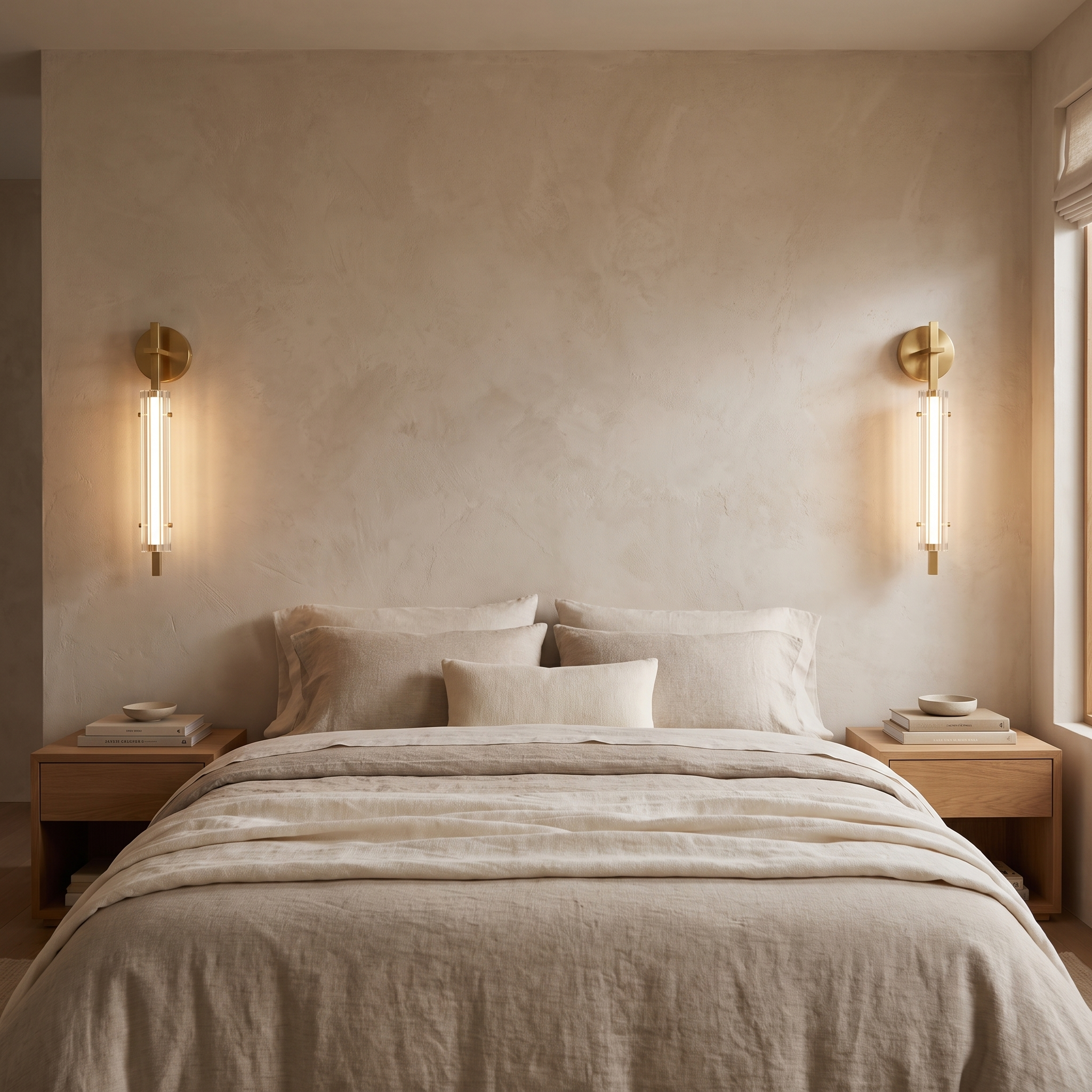A matched pair of Calderra wall sconces either side of a bed at dusk