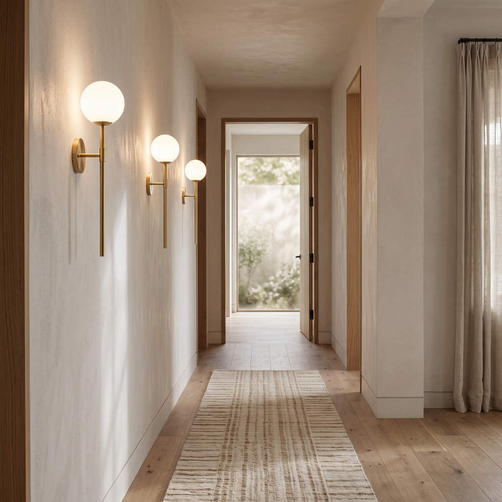 Three Orbelle globe sconces in a run down a hallway wall at dusk