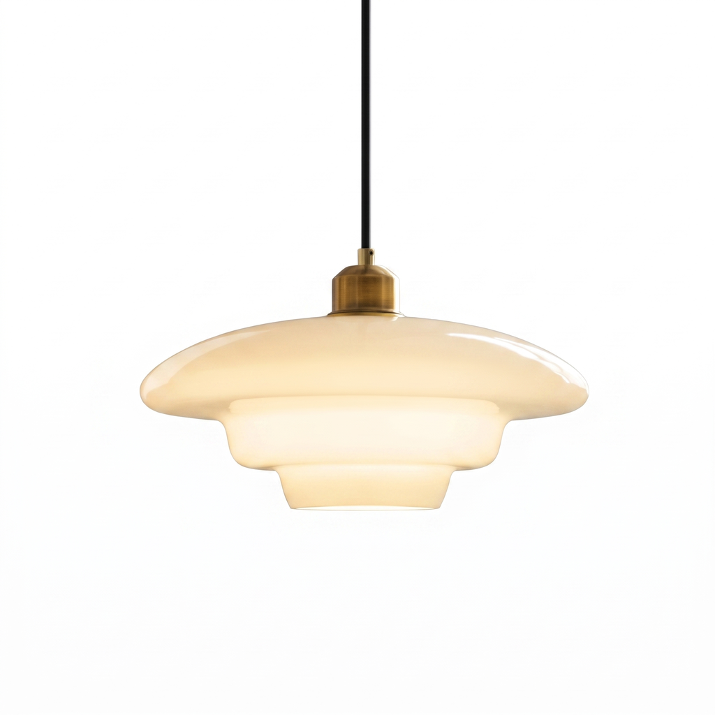 Milane white opal glass mid century pendant light with brass collar on a white background