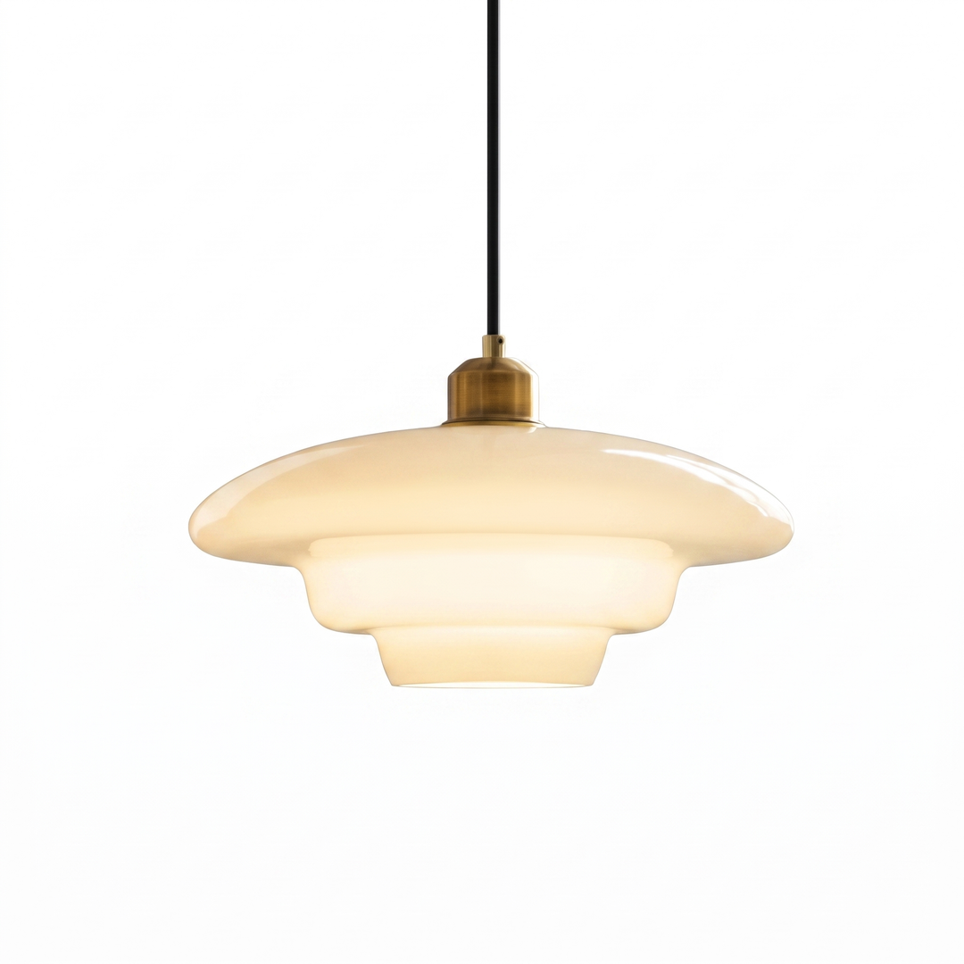 Milane white opal glass mid century pendant light with brass collar on a white background