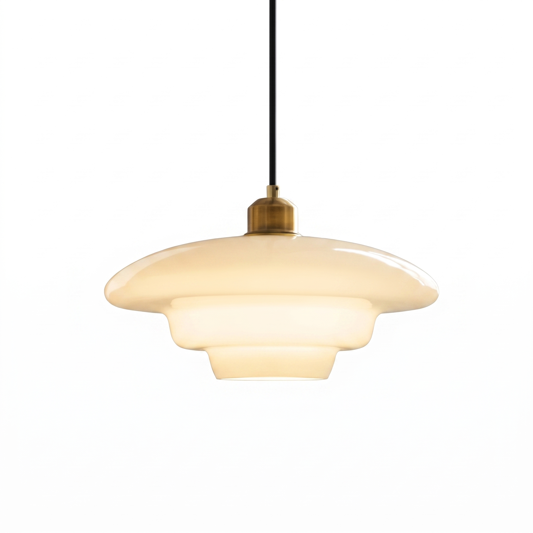 Milane white opal glass mid century pendant light with brass collar on a white background