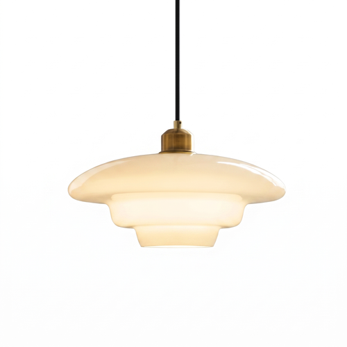 Milane white opal glass mid century pendant light with brass collar on a white background