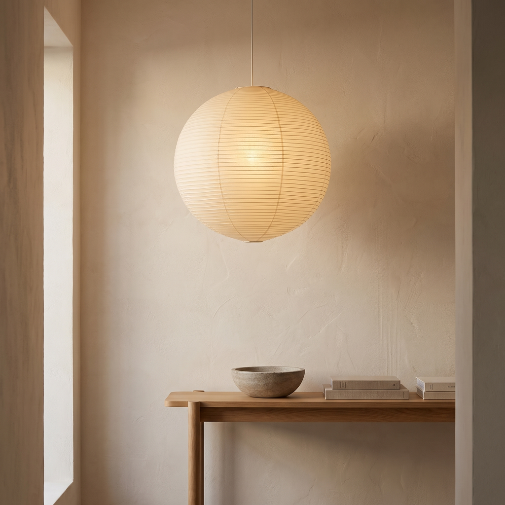 Sora washi paper globe pendant lighting an entryway at dusk