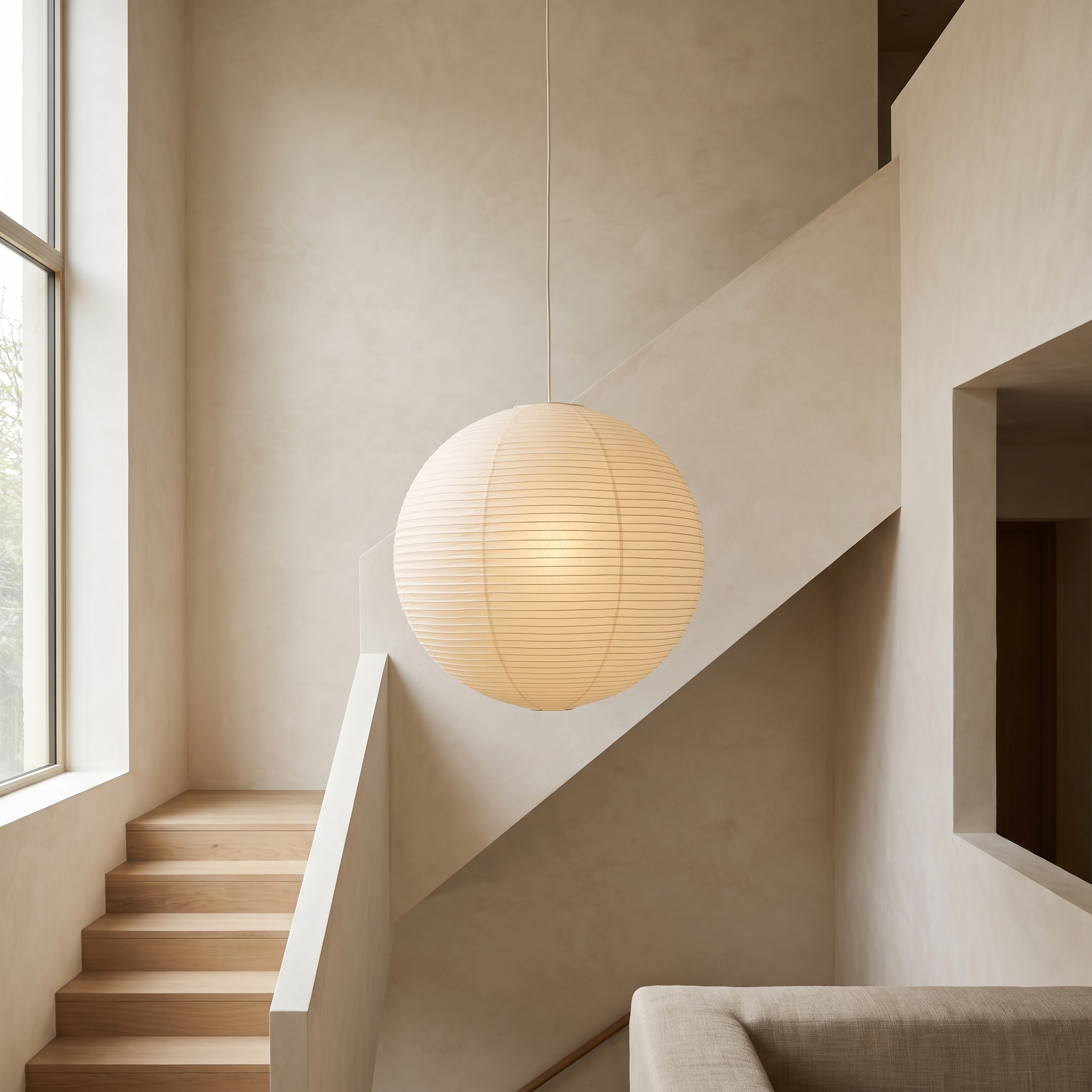 Oversized Sora globe pendant in a double height stairwell