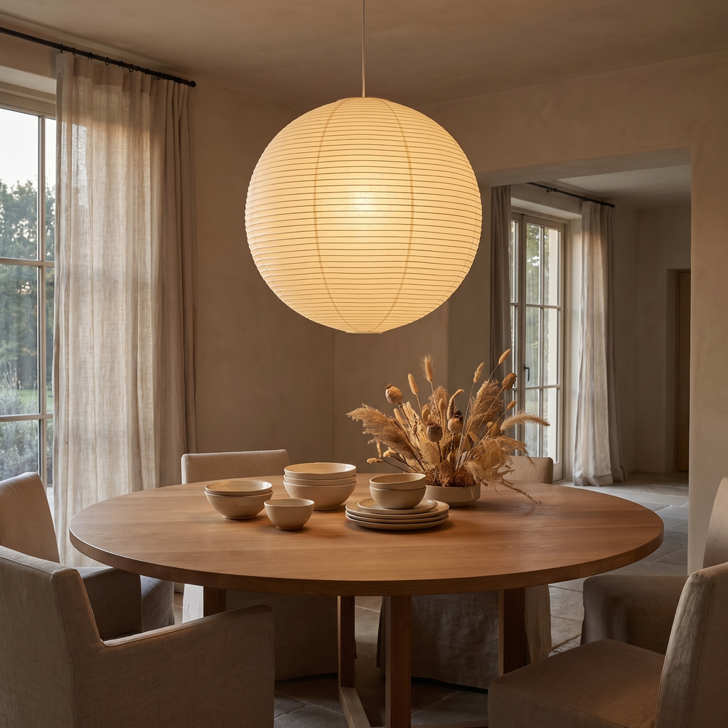 Sora globe pendant above an oak dining table