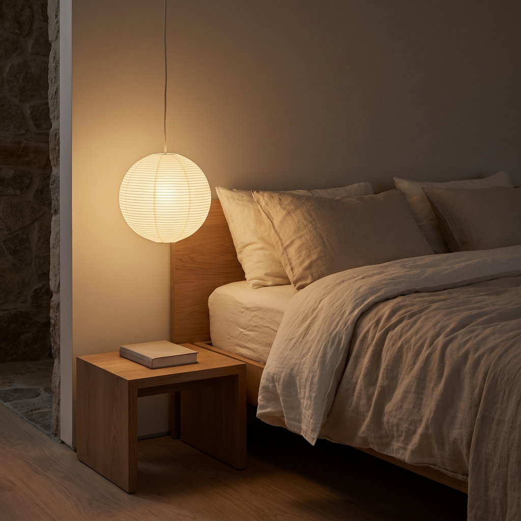 Small Sora globe pendant hanging beside a bed