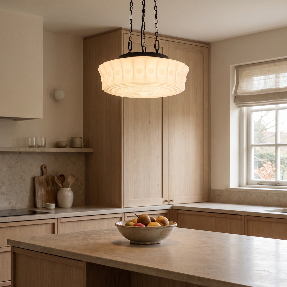 Belara opal dome pendant in a kitchen with a standard ceiling