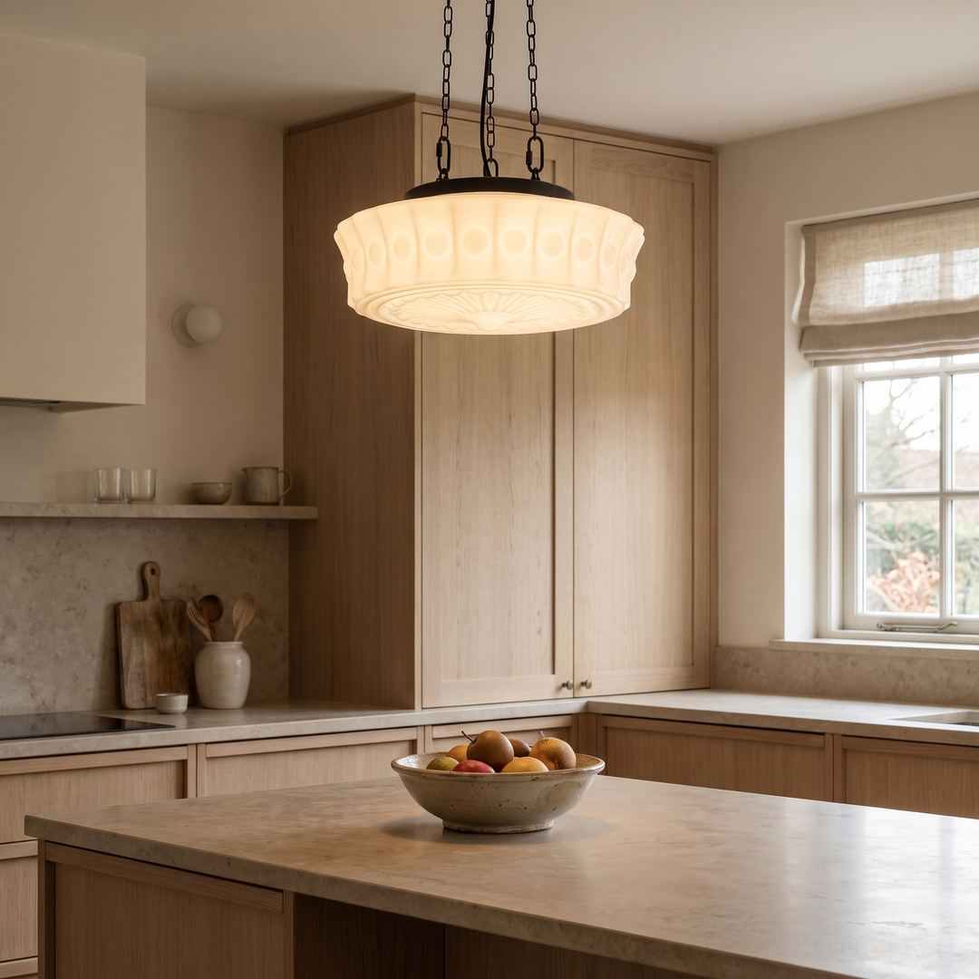 Belara opal dome pendant in a kitchen with a standard ceiling