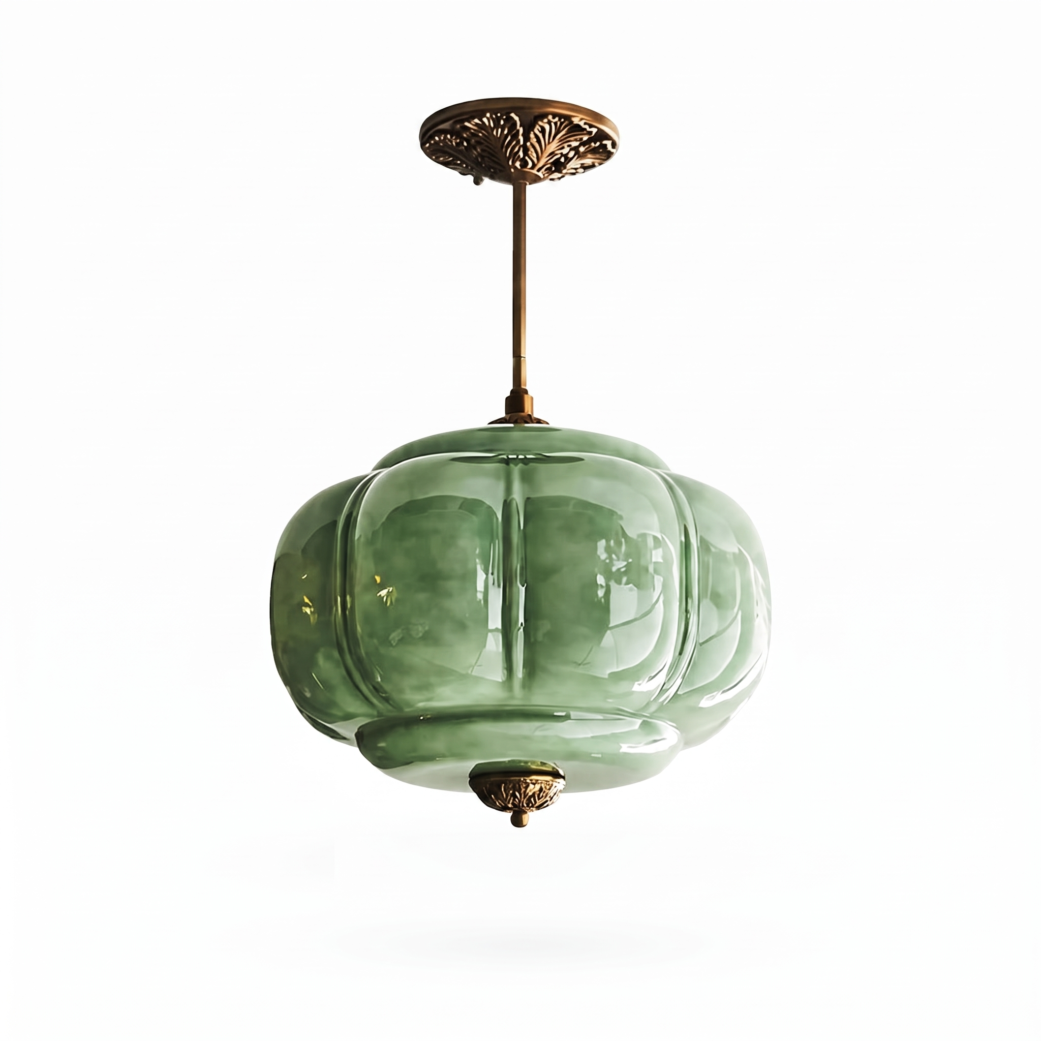 Verella green glass and antique brass pendant light on a white background