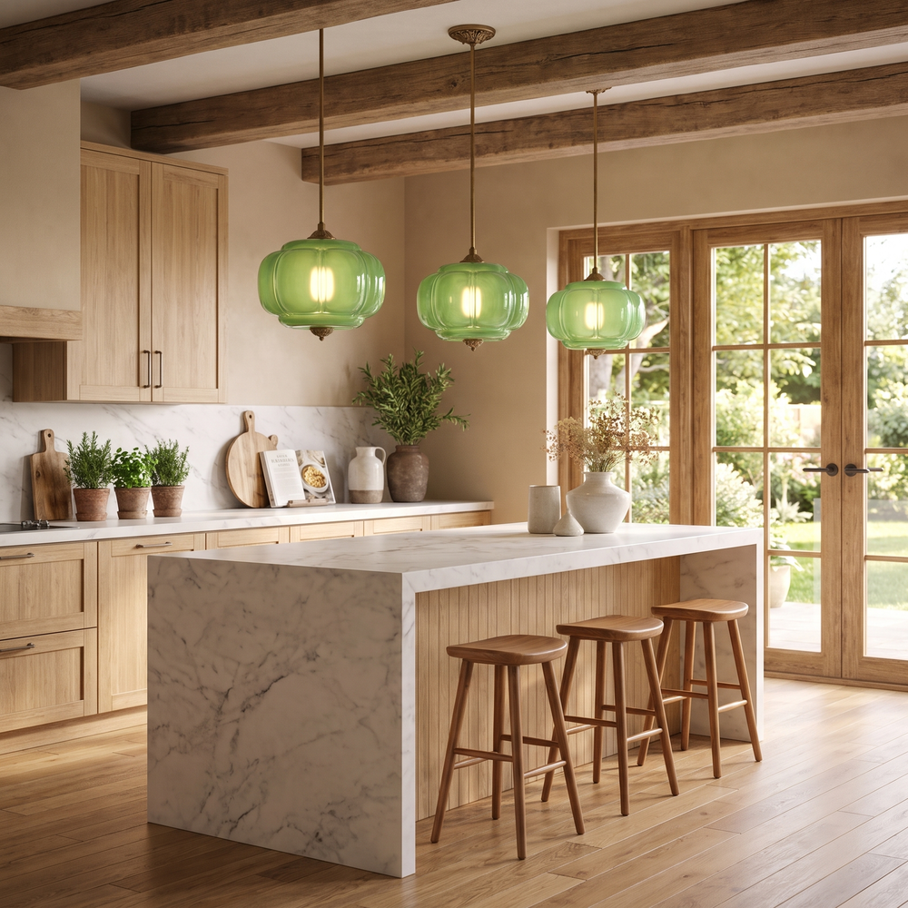 Three Verella green glass pendants above a kitchen island