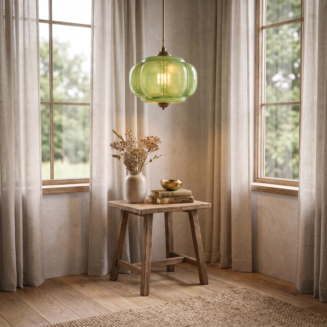A Verella green glass pendant above a small corner table