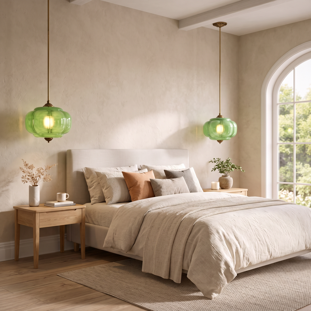 Two Verella green glass pendants either side of a bed